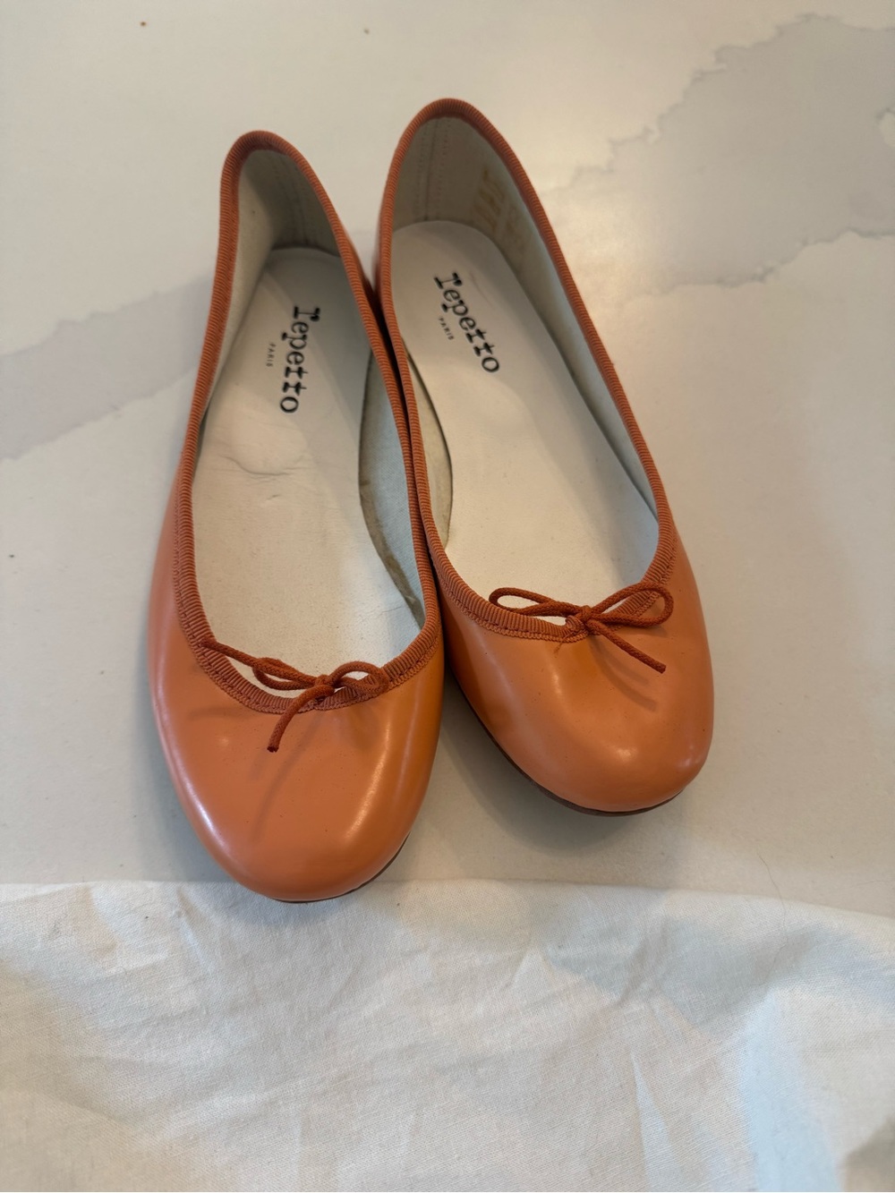 Repetto Peach Leather Ballet Flats with Bow Trim - like new -never worn outside